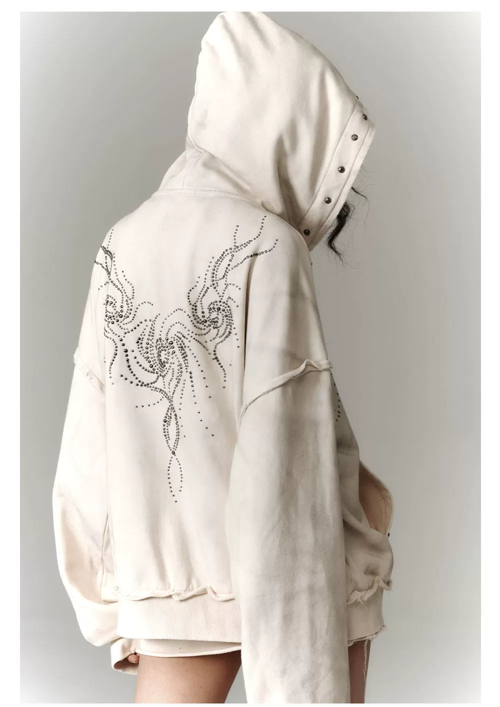 Washed Damage Oversize Zipper Hoodie & Short Skirt & Wide Leg Pants Setup