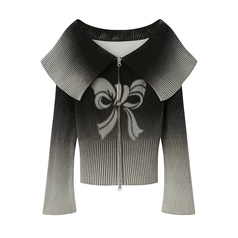Bow Gradient Print Zipper Knit Sweater