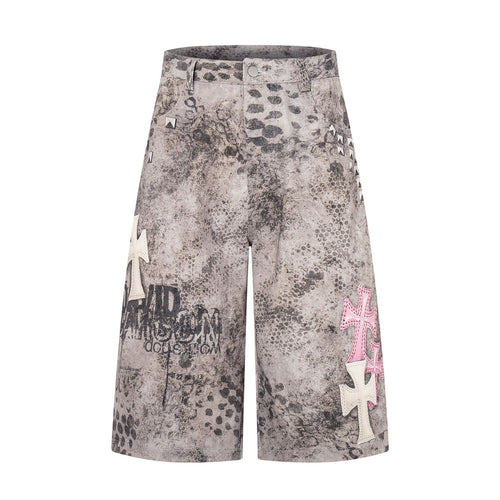 Camo Cross Graphic Denim Shorts - Gray / S