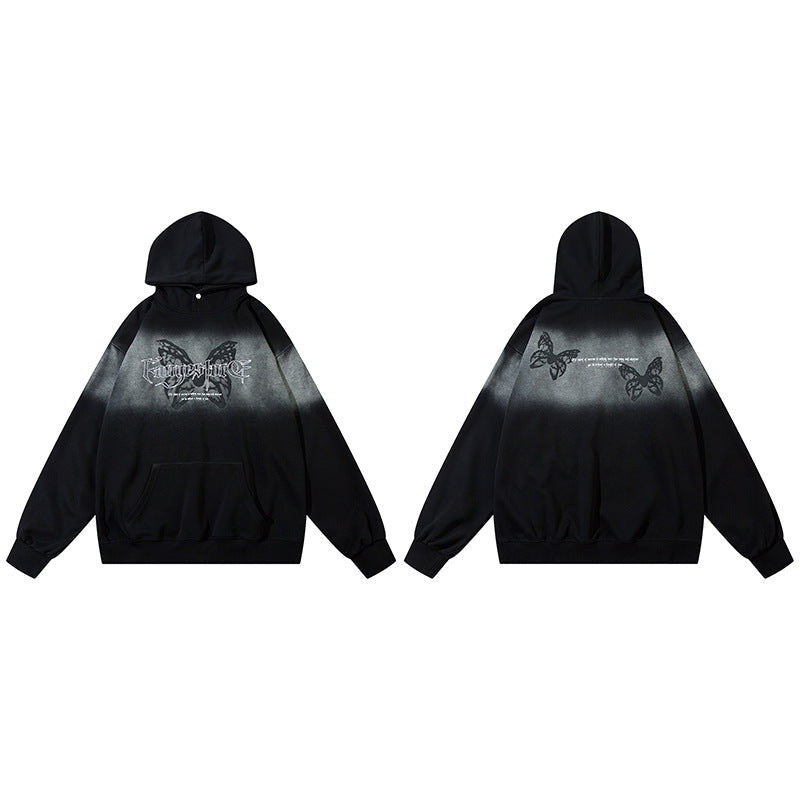 나비 프린트 타이다이 그라데이션 후드 티셔츠