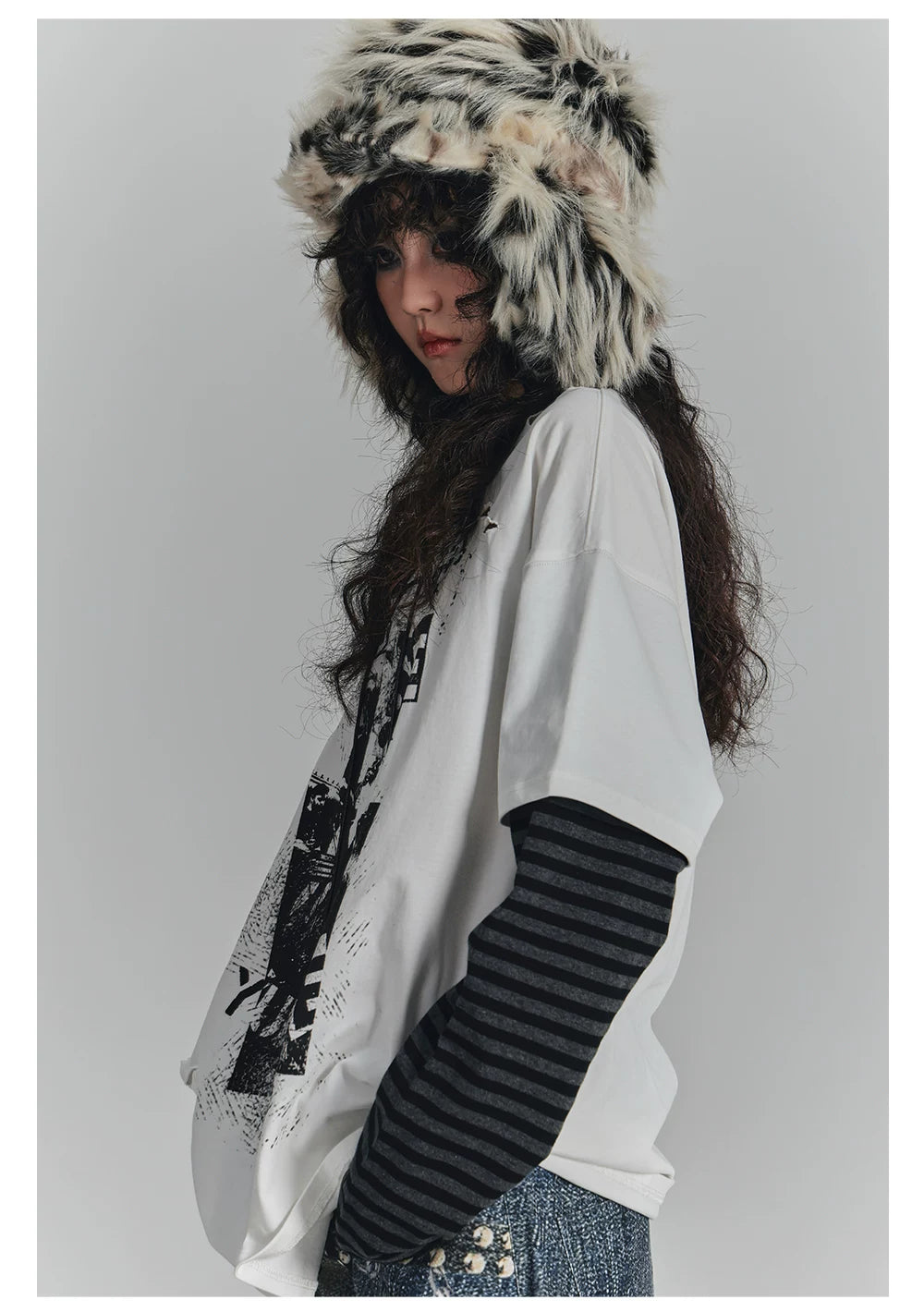 Fake Layered Drawstring V-Neck Long Sleeve T-Shirt