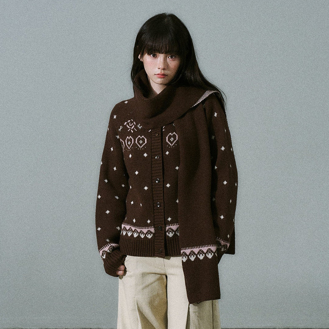 Fair Isle Pattern Wool Blend Scarf Knit Cardigan