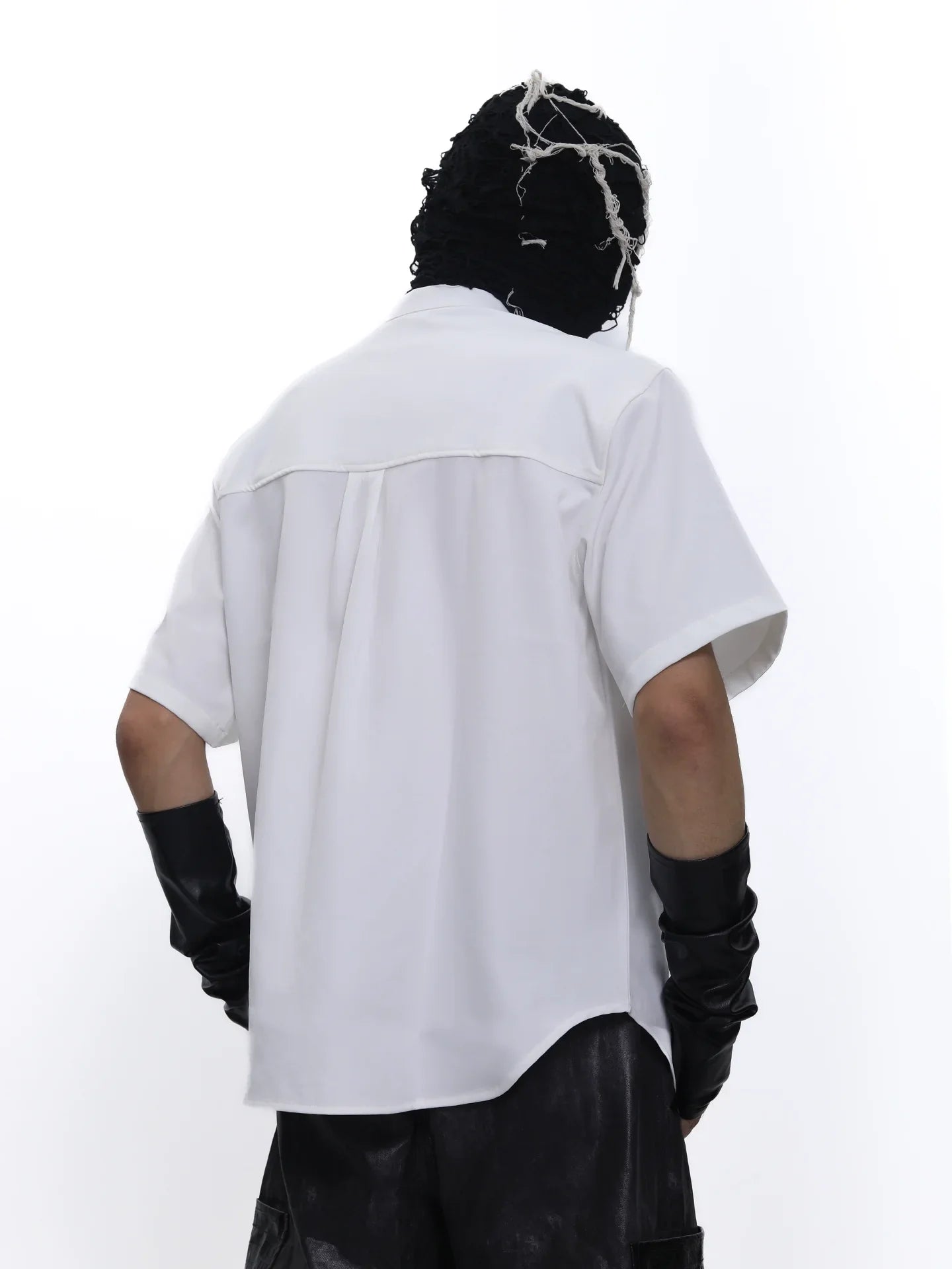 Stand Neck Half-Length Double Placket Pocket Short Sleeve Shirt