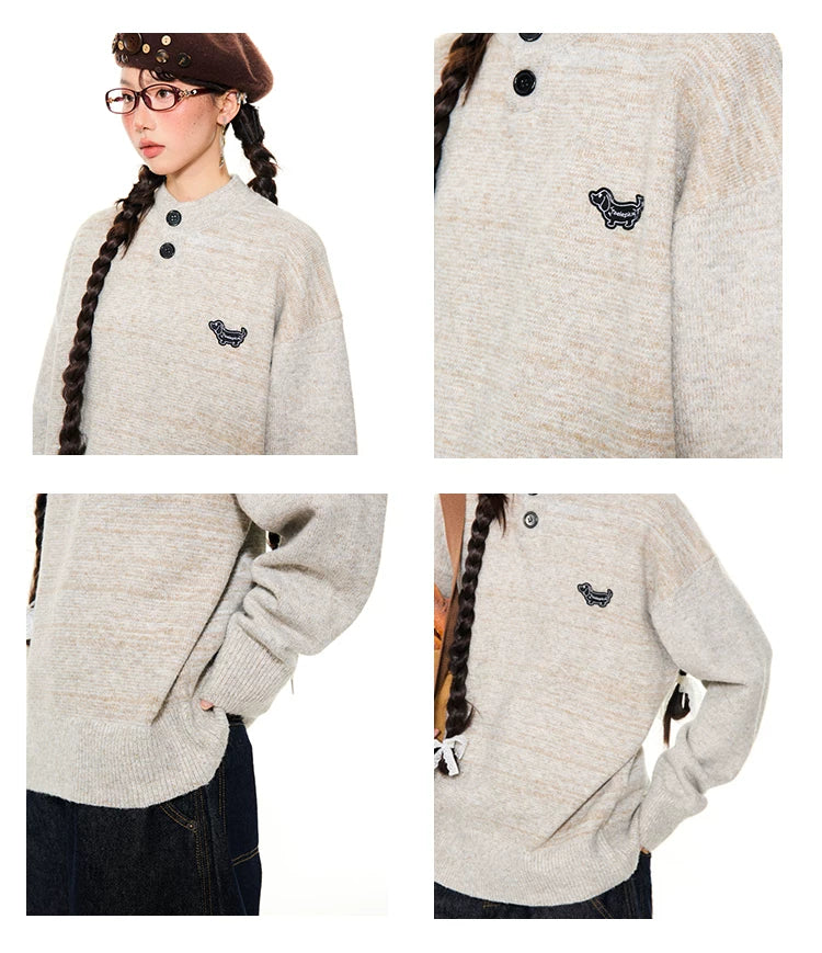 Button-Detail Stand Neck Knit Sweater