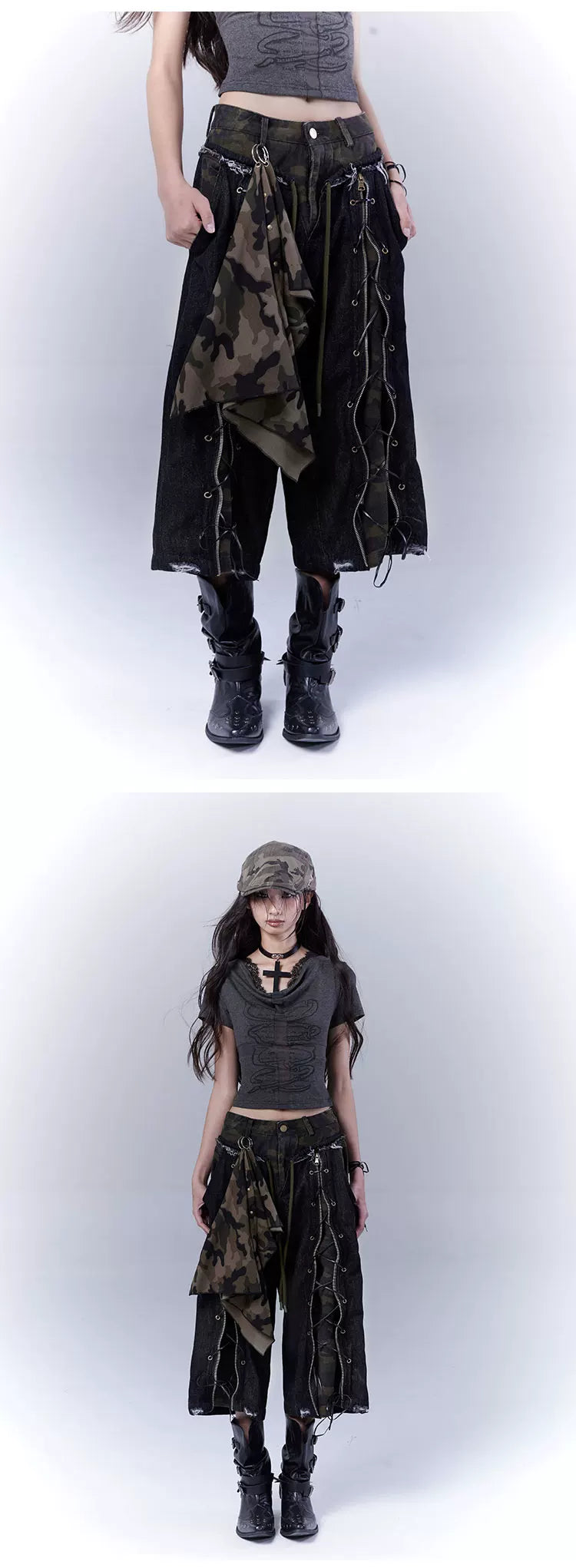 Camouflage Lace-Up Damage Cropped Denim Jeans & Scarf Set