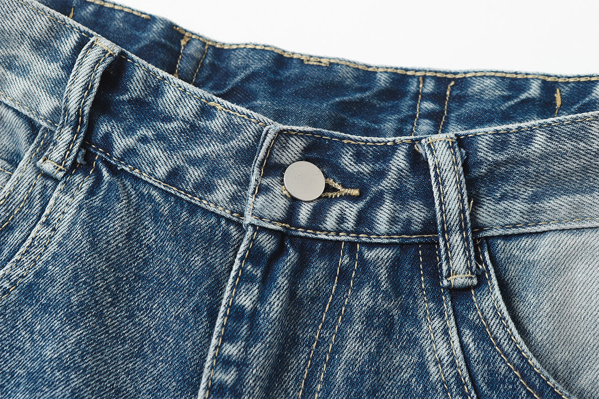 Washed Damage Splice Wide Leg Denim Jeans