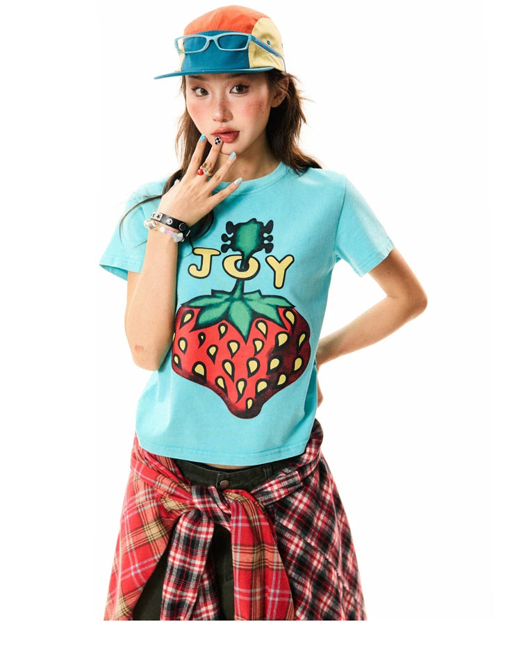 Strawberry Print Cropped Short Sleeve T-Shirt