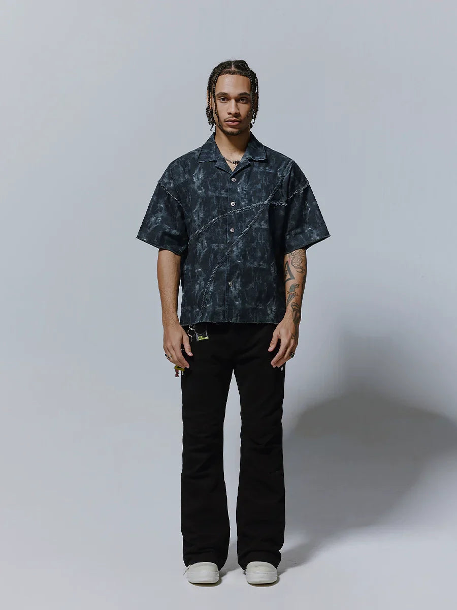 Ink Print Patchwork Spread-Collar Short Sleeve Shirt