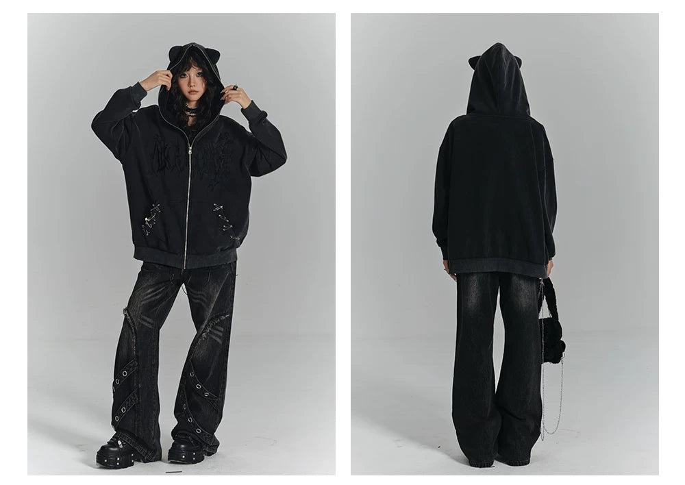 Cat Ear Safety Pin Oversize Zipper Hoodie