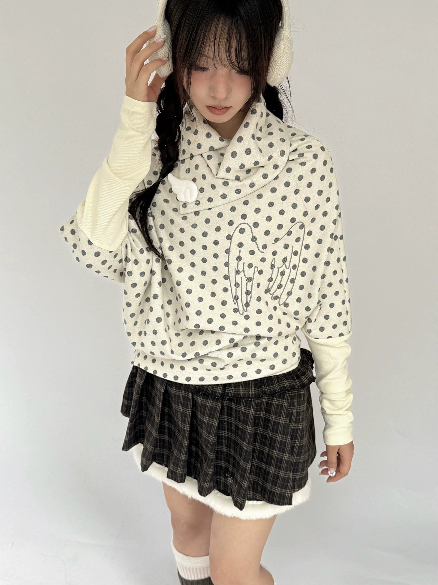 Asymmetric Polka Dot Fitted Long Sleeve T-Shirt