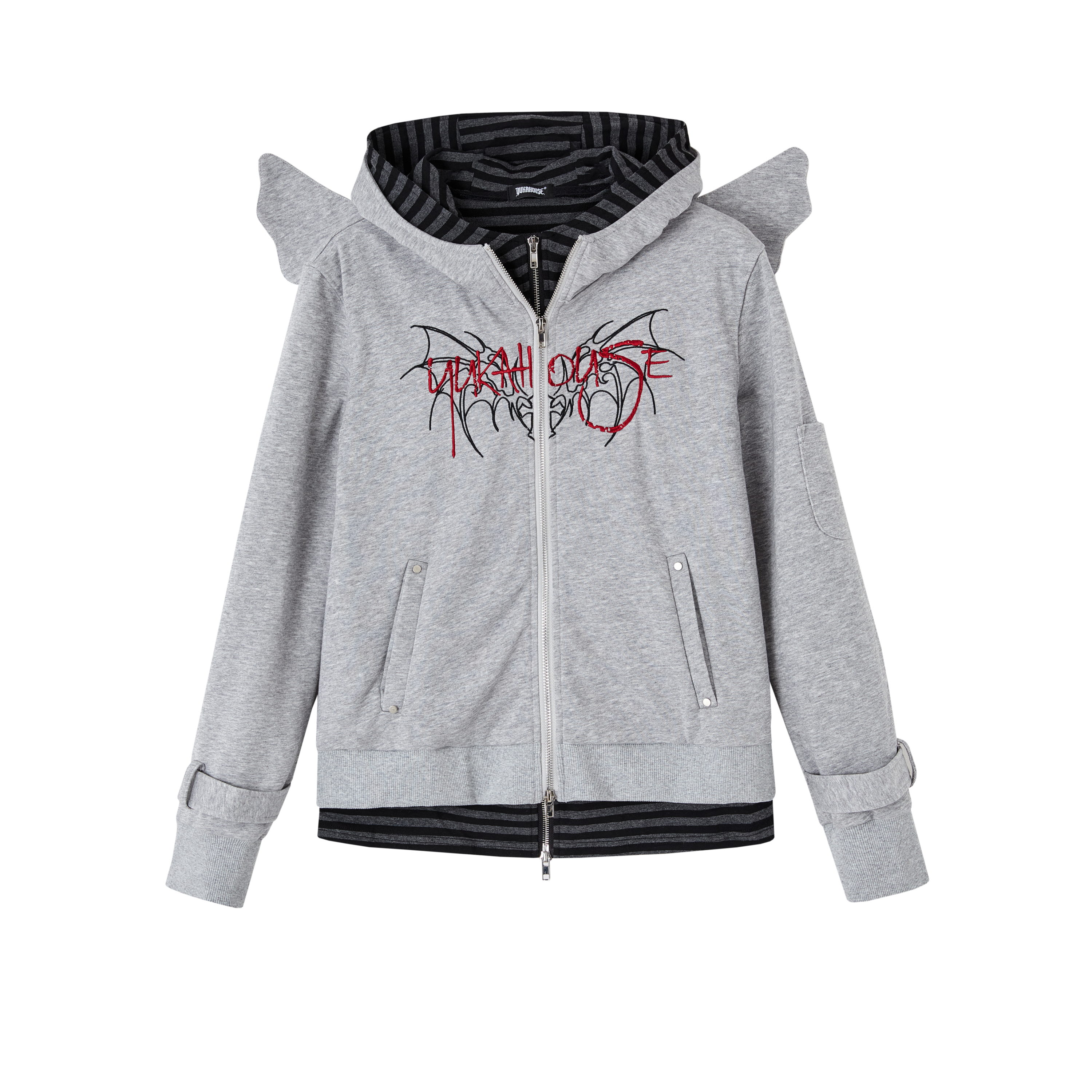 Embroidery Fake Layered Double Zipper Hoodie