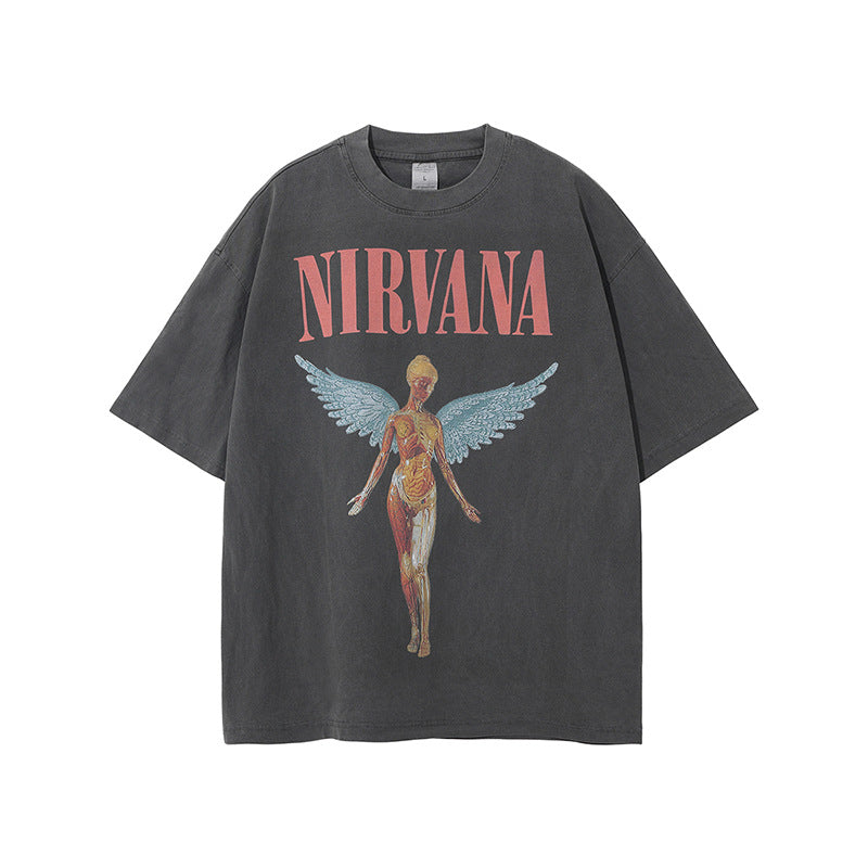 T-shirt rétro à manches courtes imprimé Nirvana