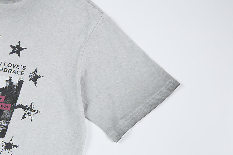 Washed Portrait Letter Print Short Sleeve T-Shirt