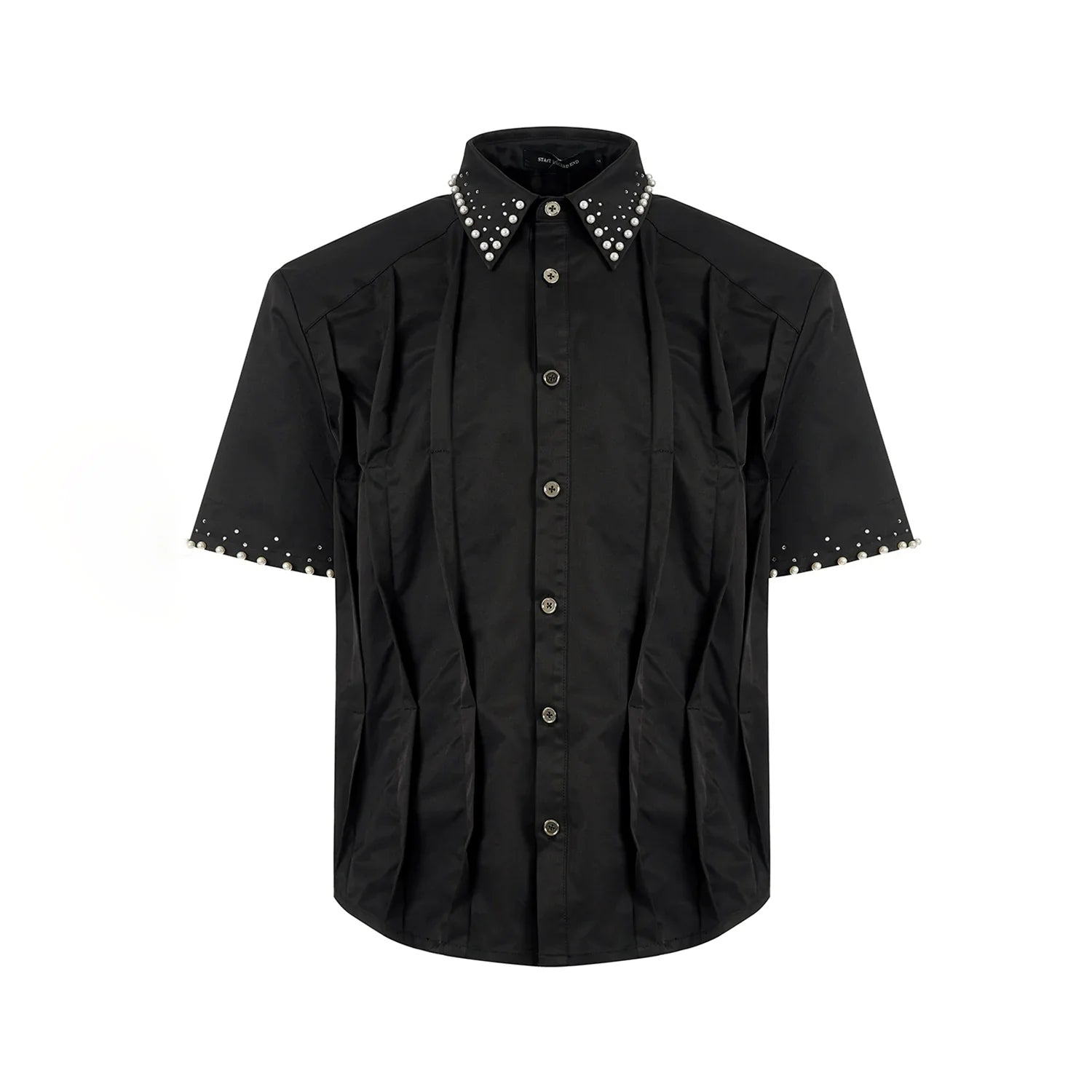 Rhinestone Pearl Pleats Short Sleeve Shirt