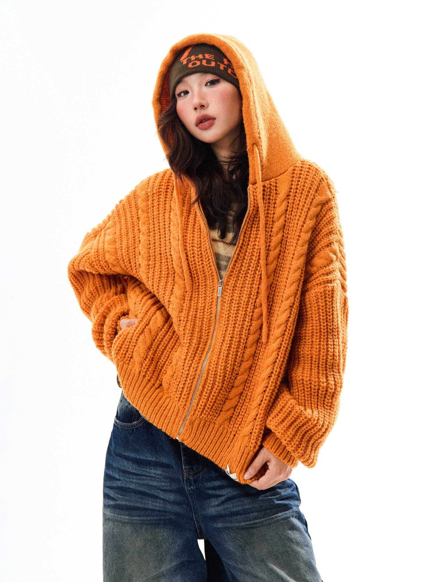 Chunky Knit Zipper Hooded Oversize Cardigan