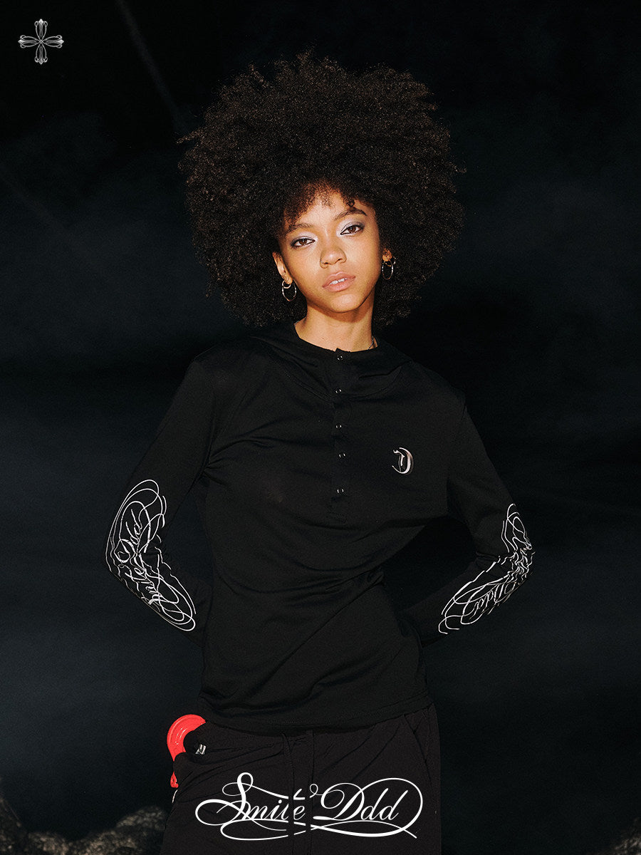 Hooded Button Print Long Sleeve T-Shirt