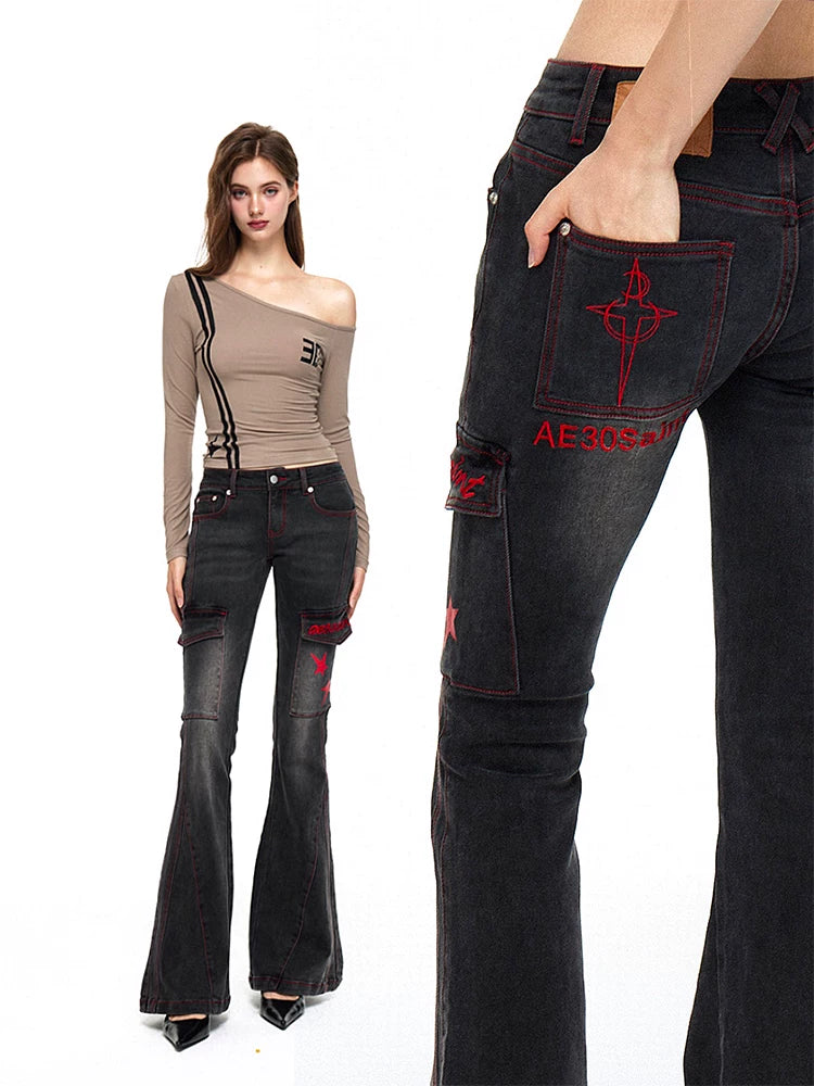 Washed Stretch Slim Flare Denim Jeans