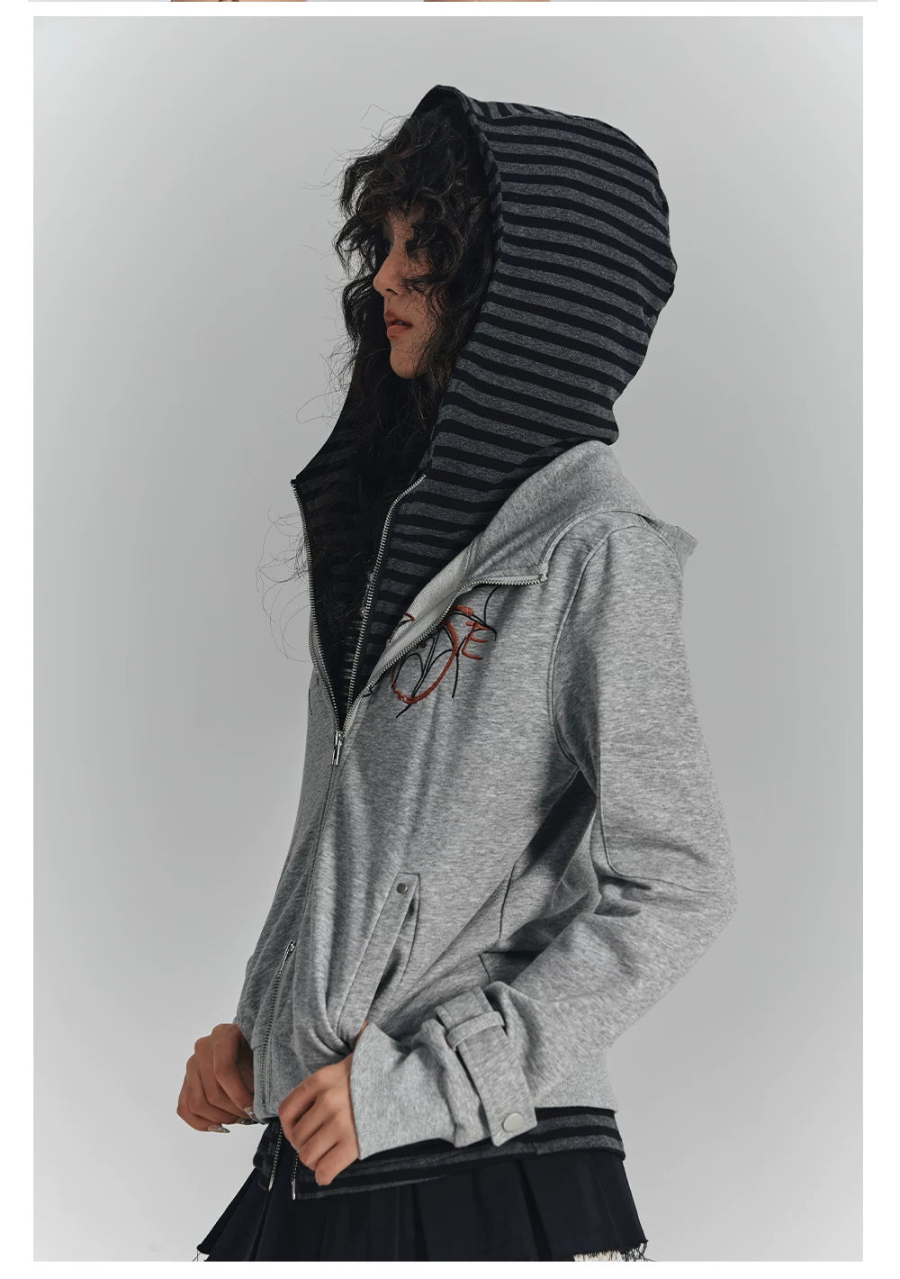 Embroidery Fake Layered Double Zipper Hoodie