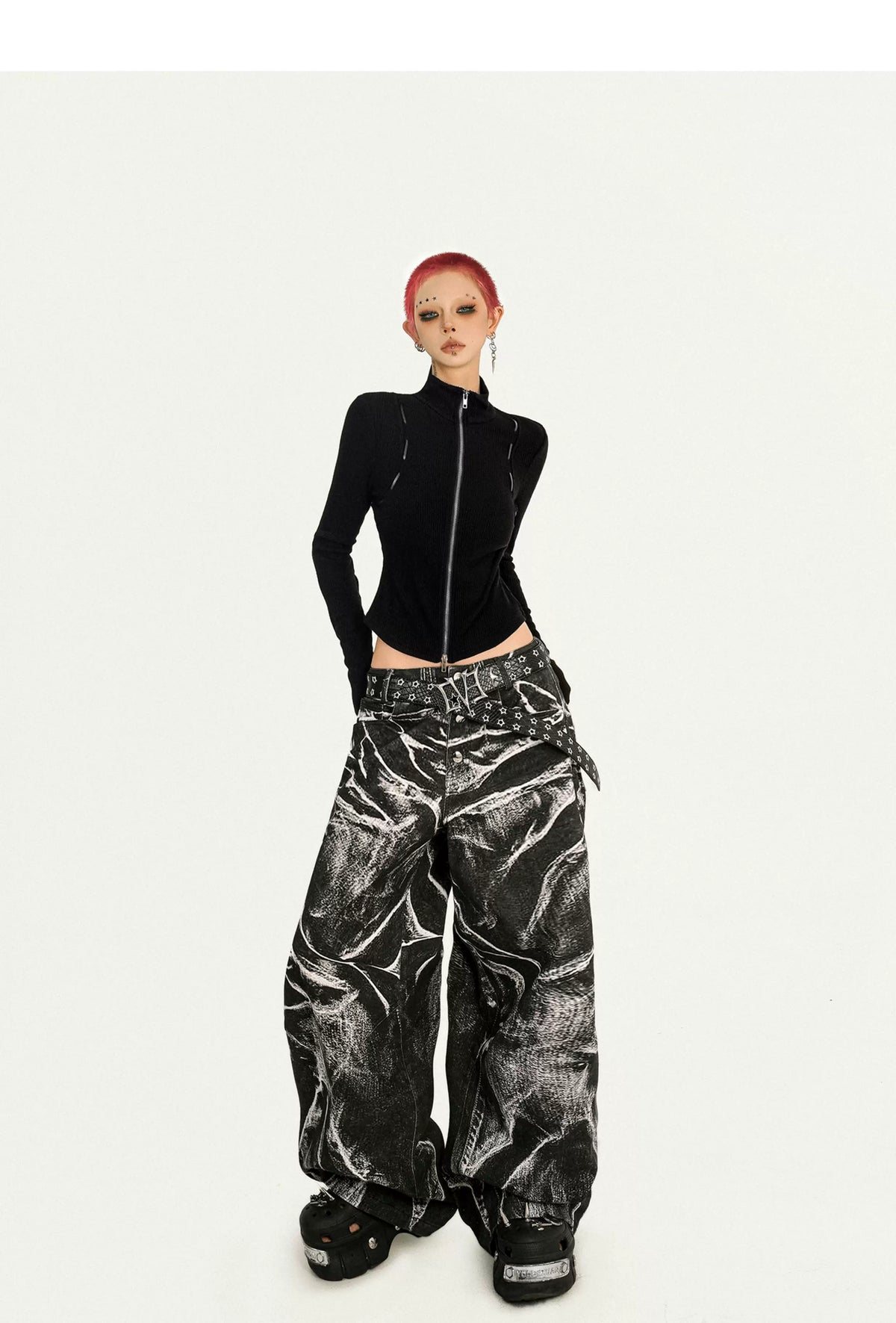 Ripple Pattern Design Wide Leg Denim Jeans