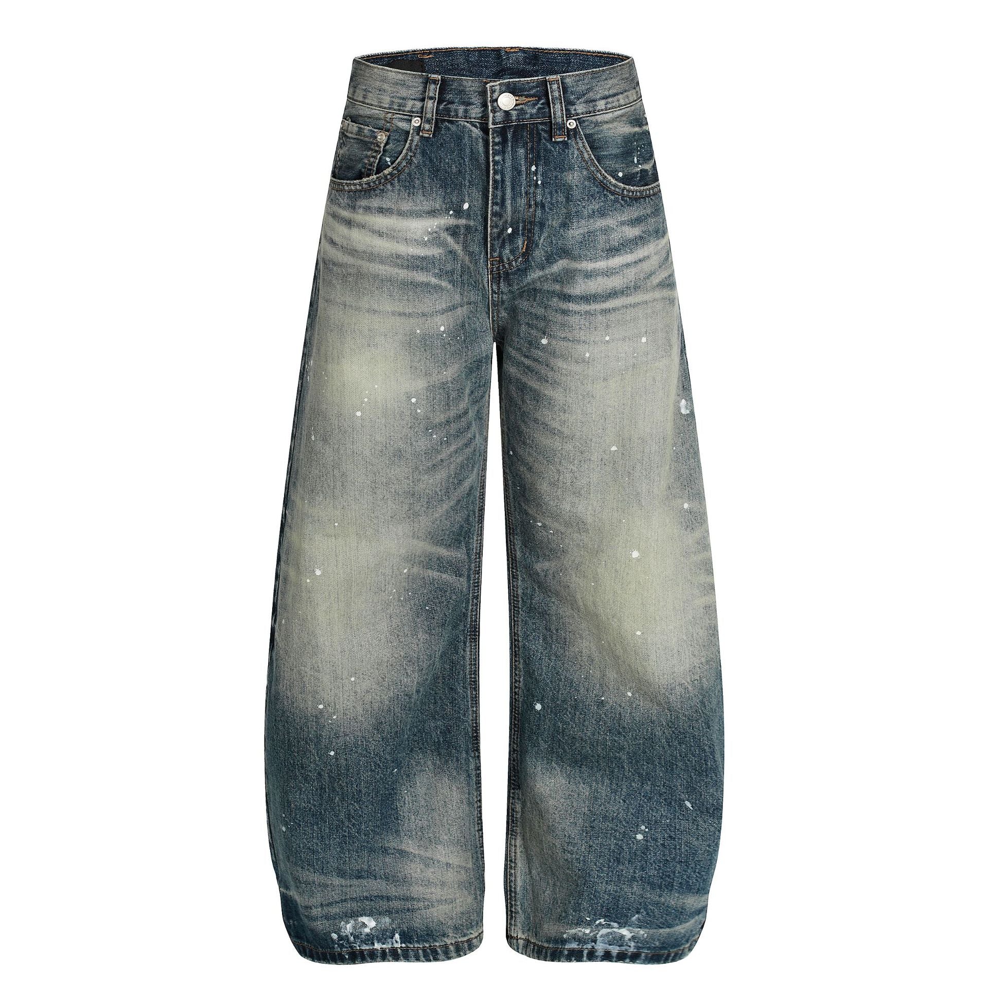 Washed Whisker Paint Splatter Curved Denim Jeans