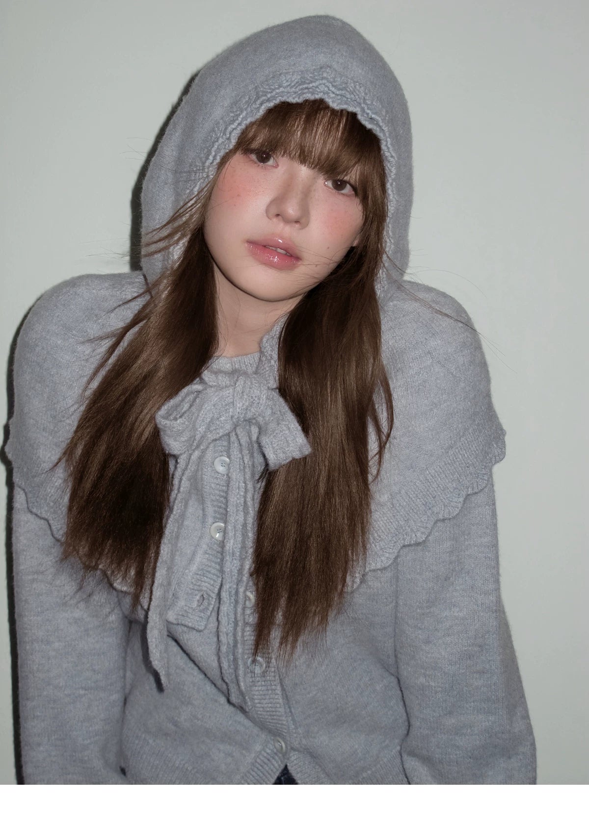 Ruffled Collar And Bow Detail Knit Cardigan