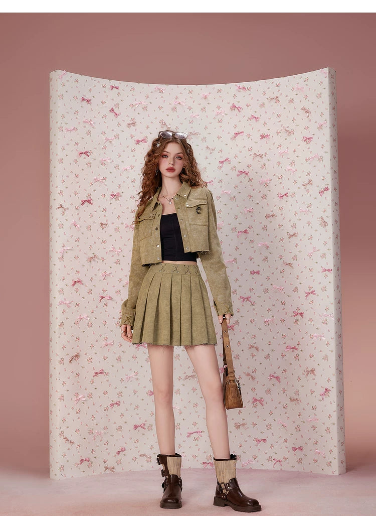 Pleats Short Skirt & Short Jacket Setup