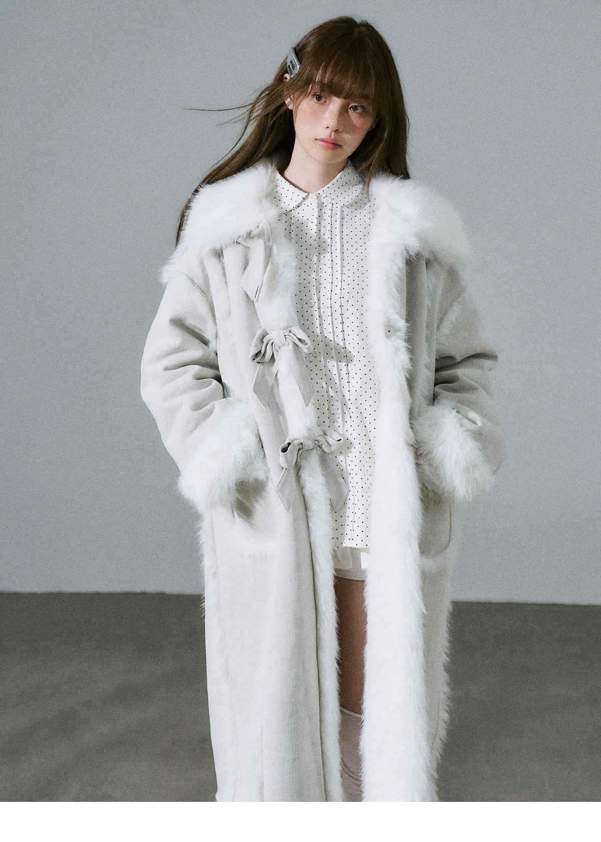Bow Detail Fake Fur Trimmed Coat