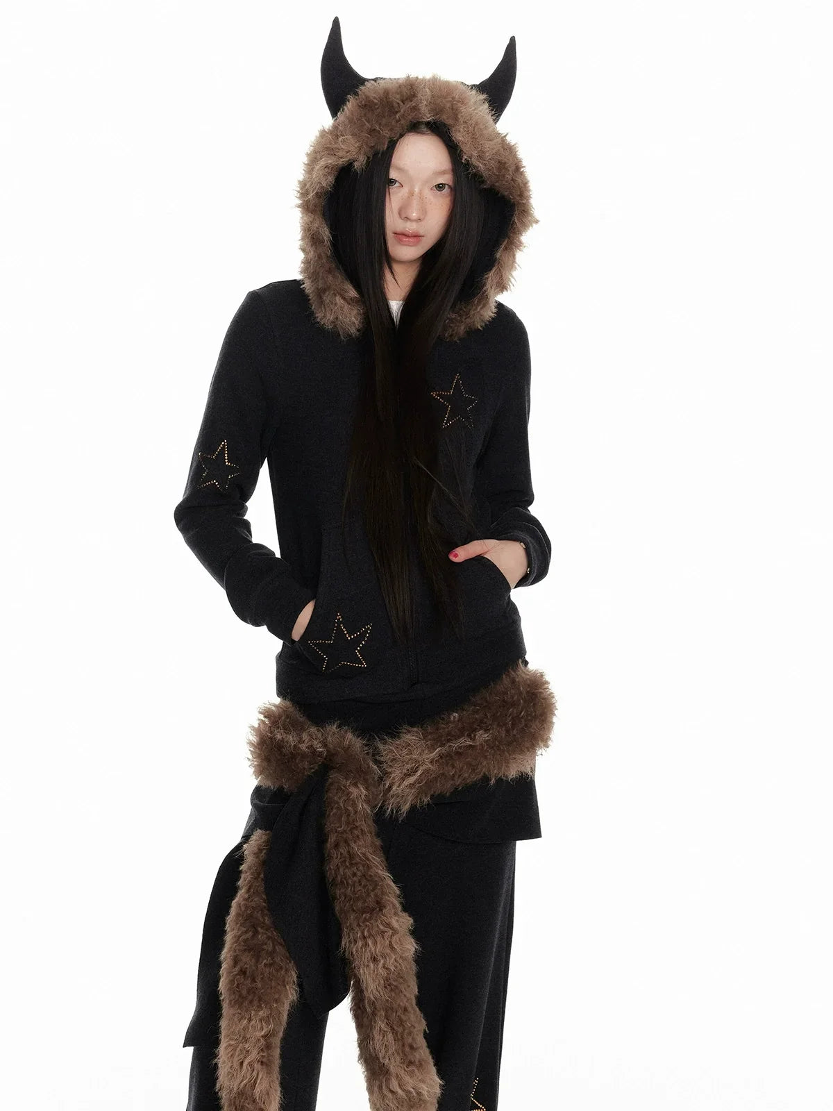Horn Fur Collar Fuzzy Zipper Hoodie & Wide-Leg Pants Setup