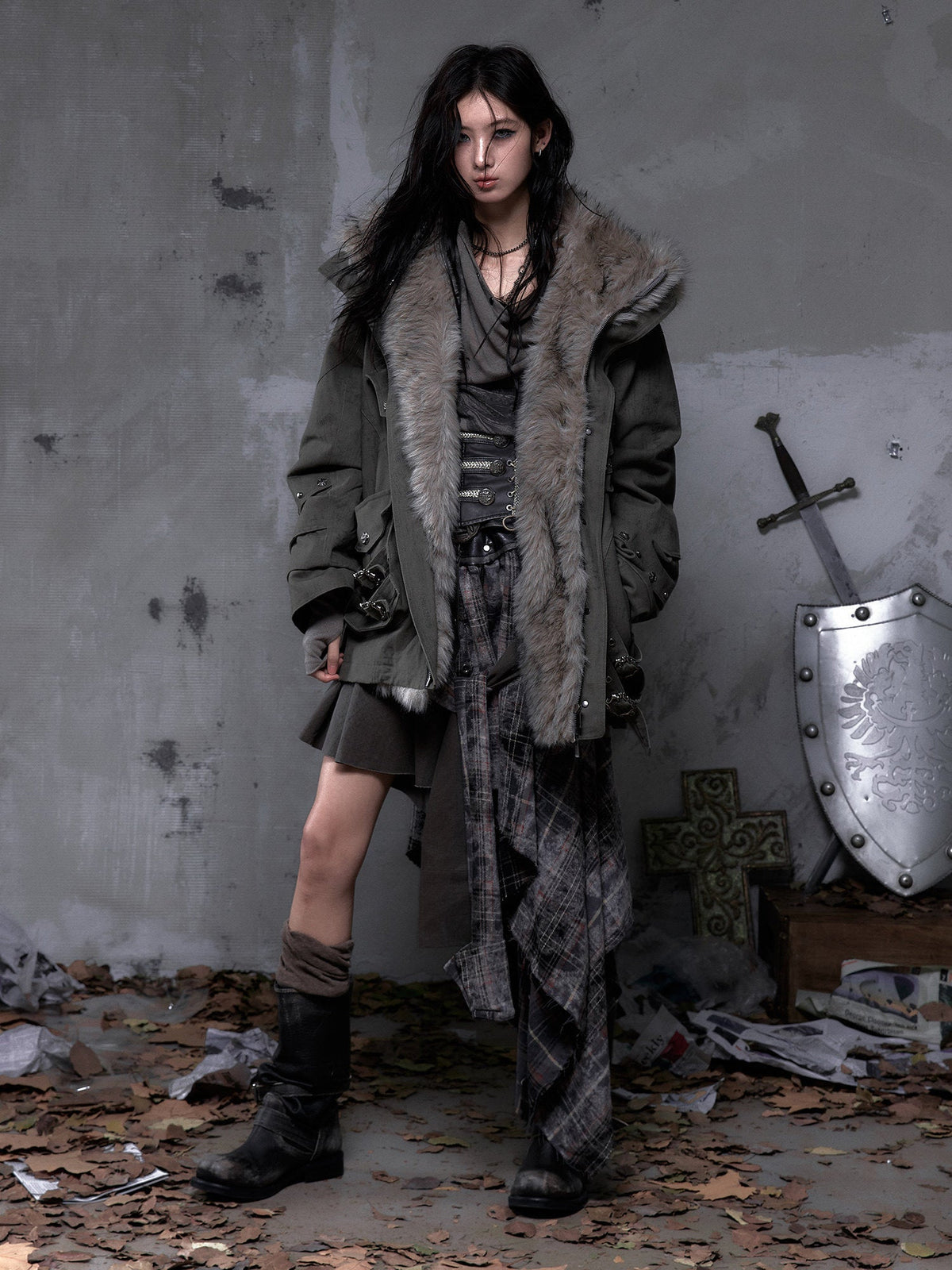Fake Fur Hooded Multi-Pocket Buckle Detail Jacket