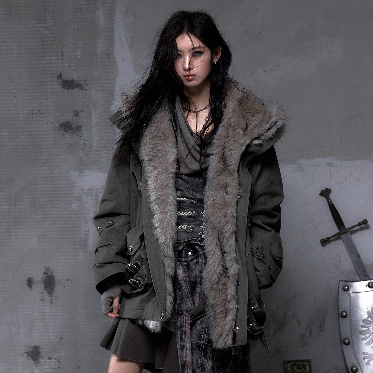 Fake Fur Hooded Multi-Pocket Buckle Detail Jacket