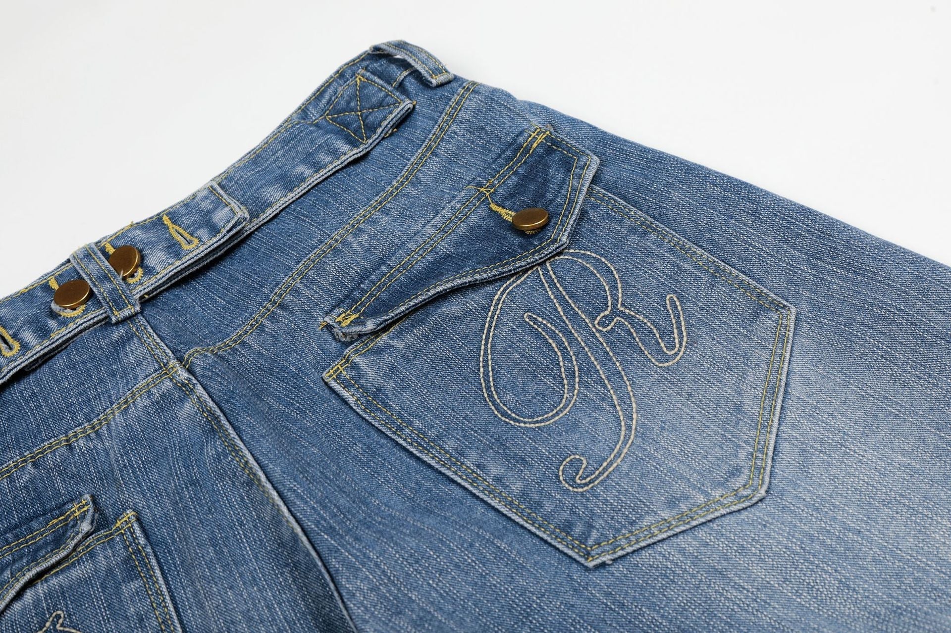 Washed Logo Embroidery Wide Leg Denim Jeans