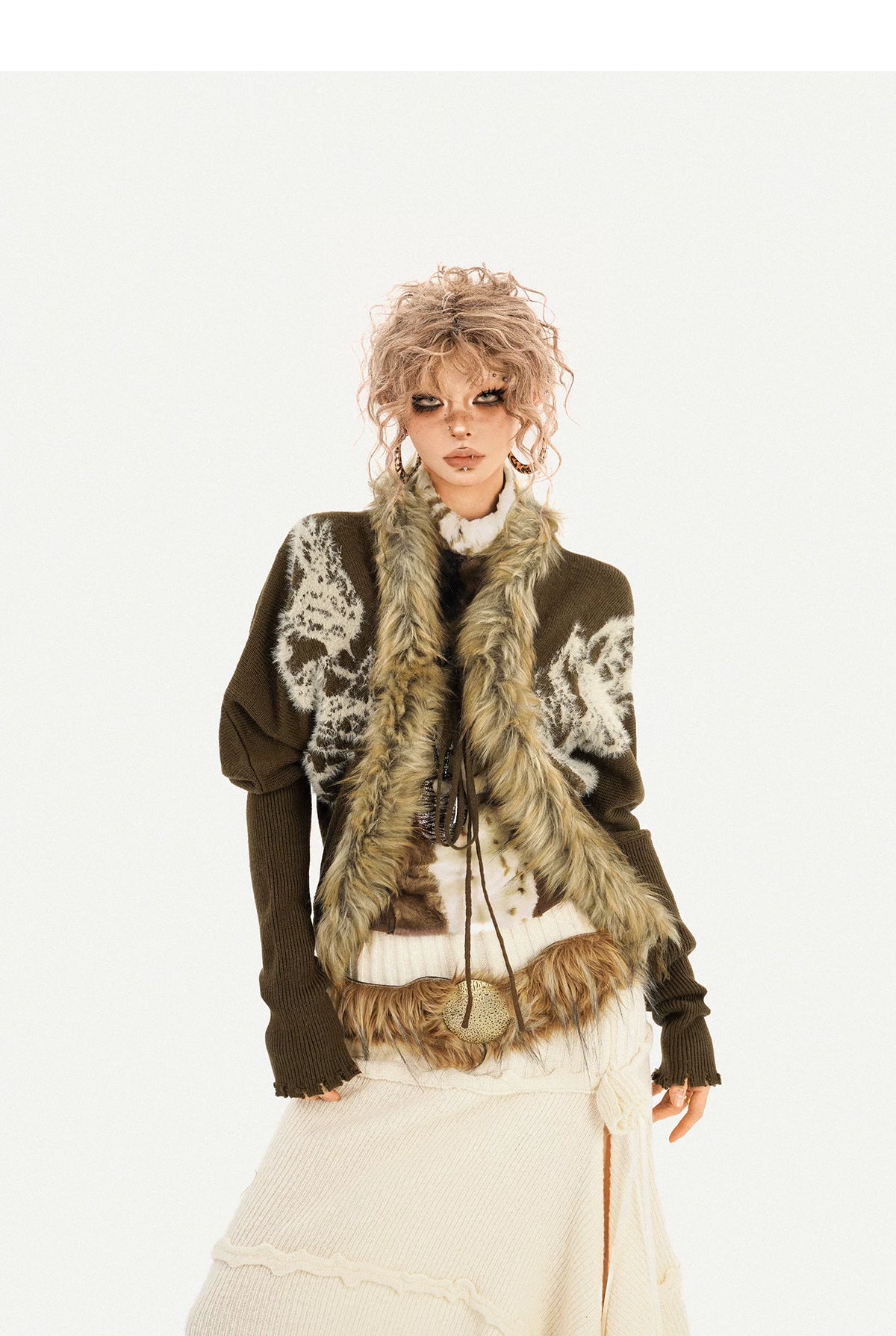 Original Design Batwing Sleeve Fake Fur Collar Knit Cardigan