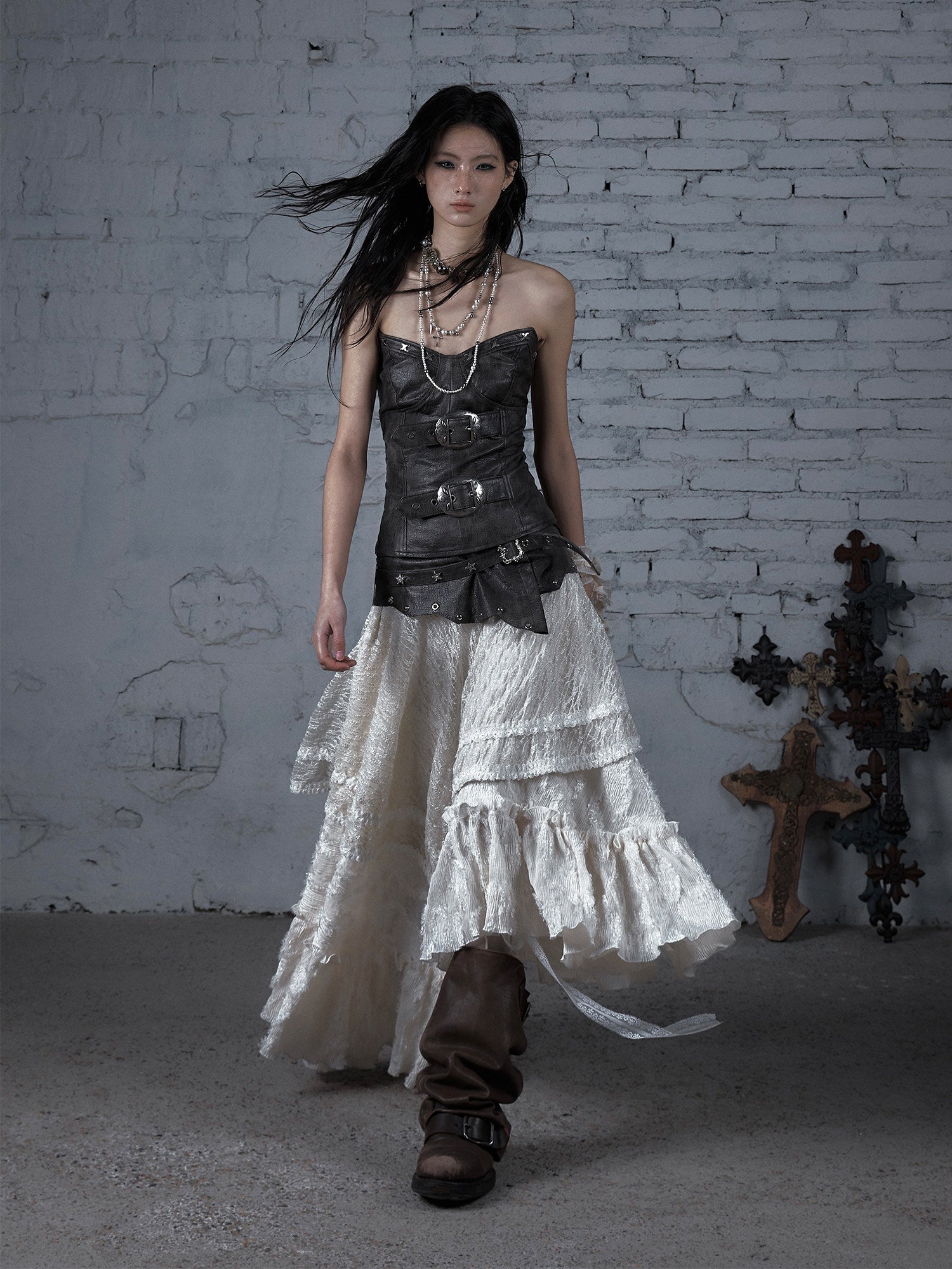 Asymmetric Lace Layered Belt Detail Skirt