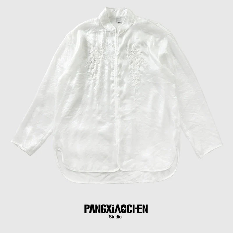 Organza Floral Embroidery Standing-Collar Long Sleeve Shirt