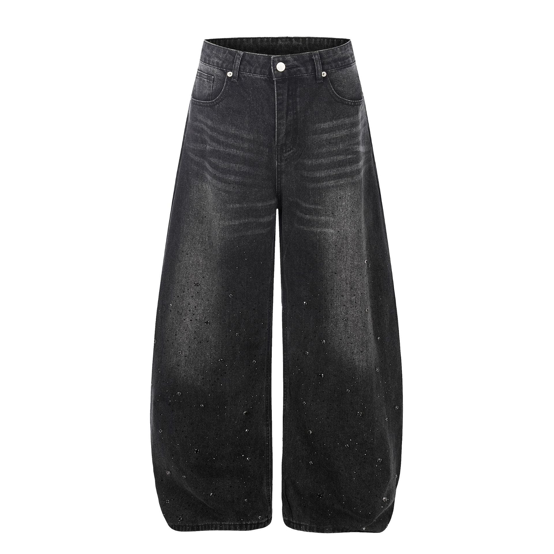 Washed Rhinestone Barrel Denim Jeans