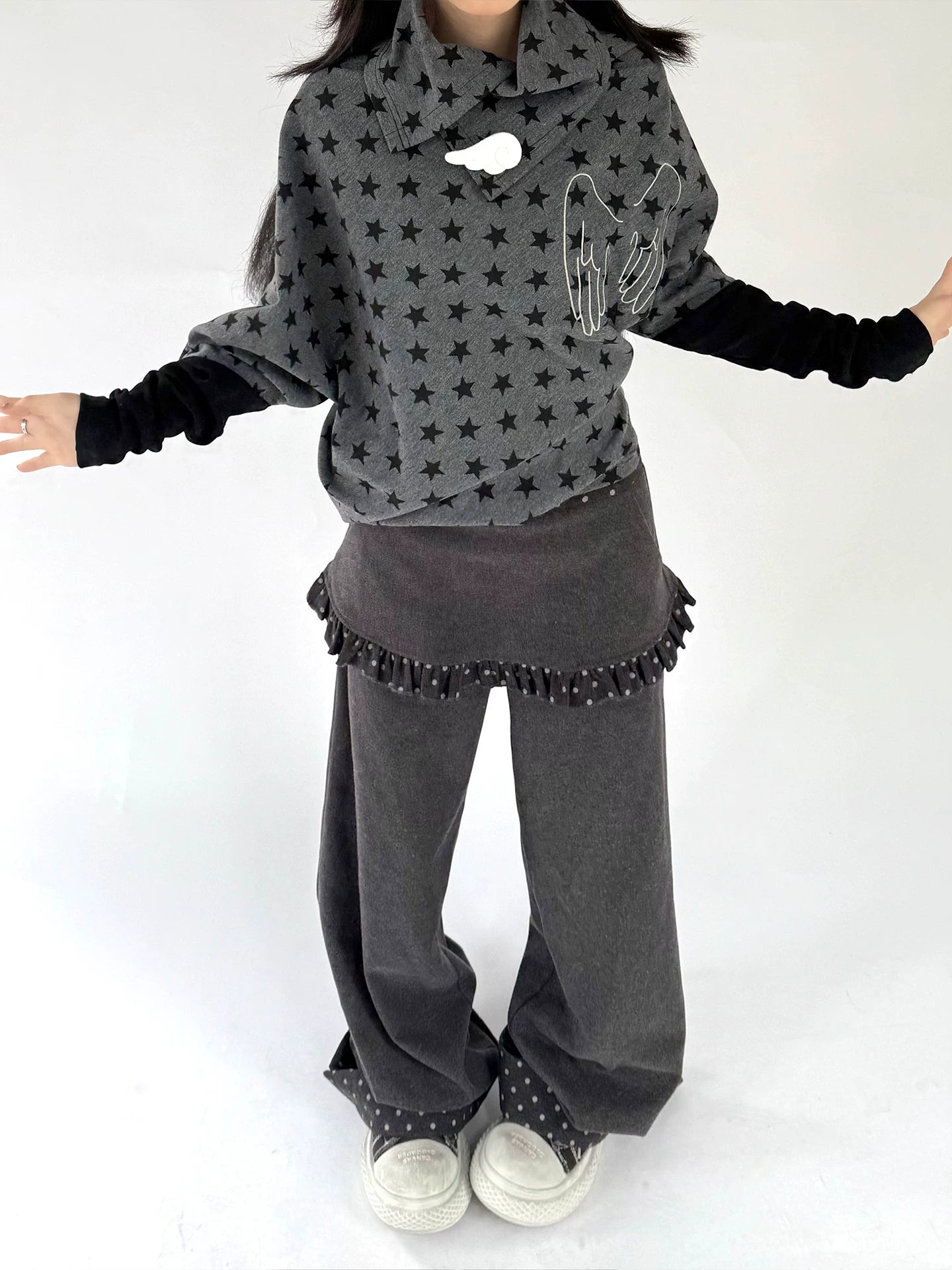 Star Print Wing Detail Layered Long Sleeve T-Shirt