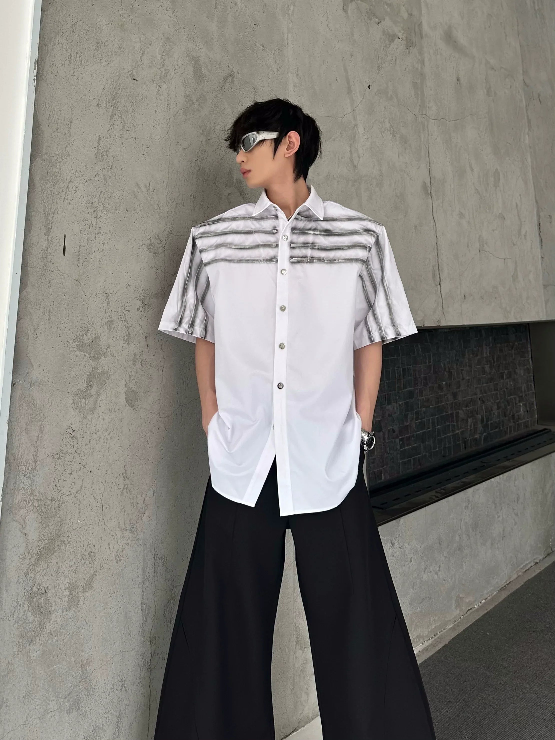 Shoulder-Pad Line Design Short Sleeve Shirt