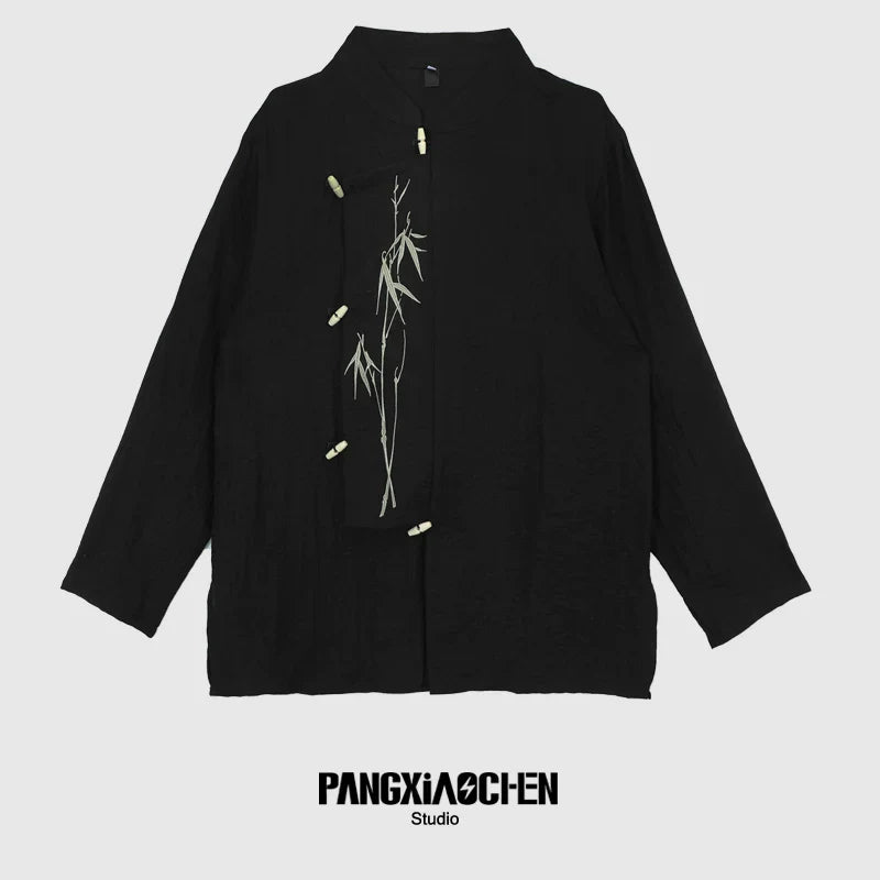Standing-Collar Asymmetrical Embroidery Long Sleeve Shirt
