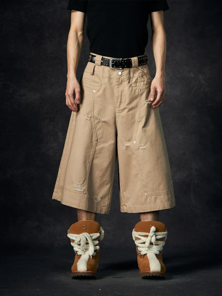 Ripped Design Wide Leg Cargo Short