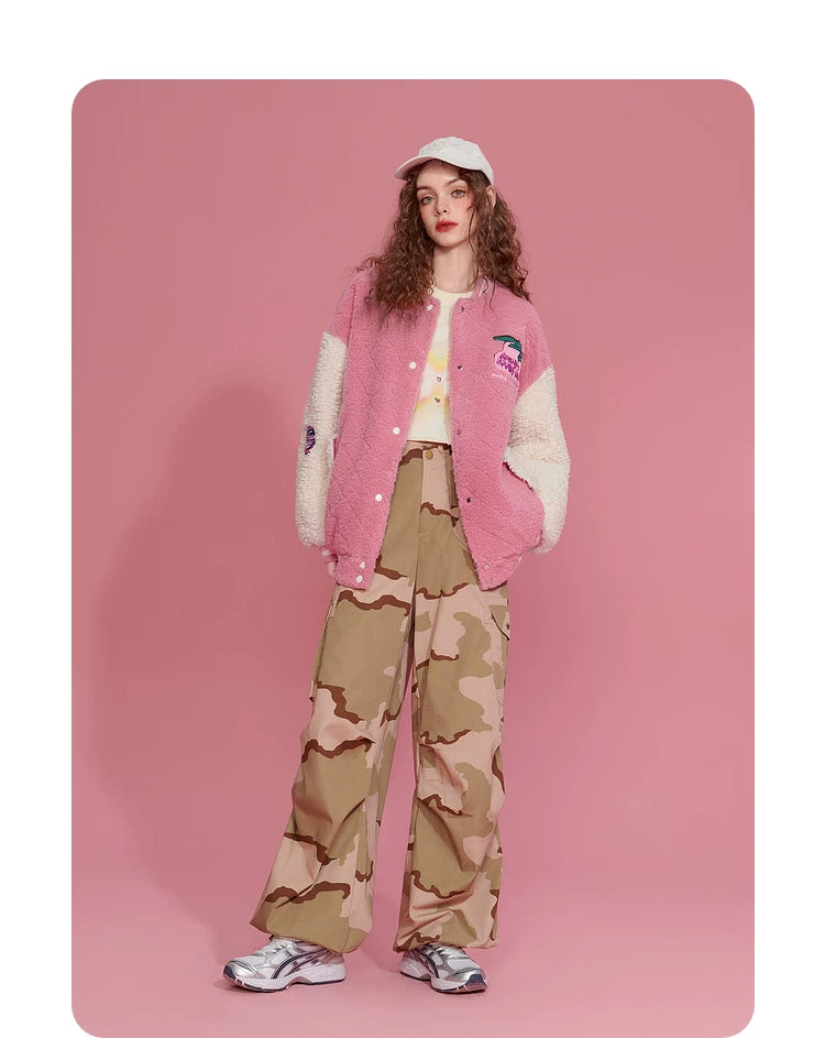 Colorblock Embroidery Fleece-Lined Baseball Jacket