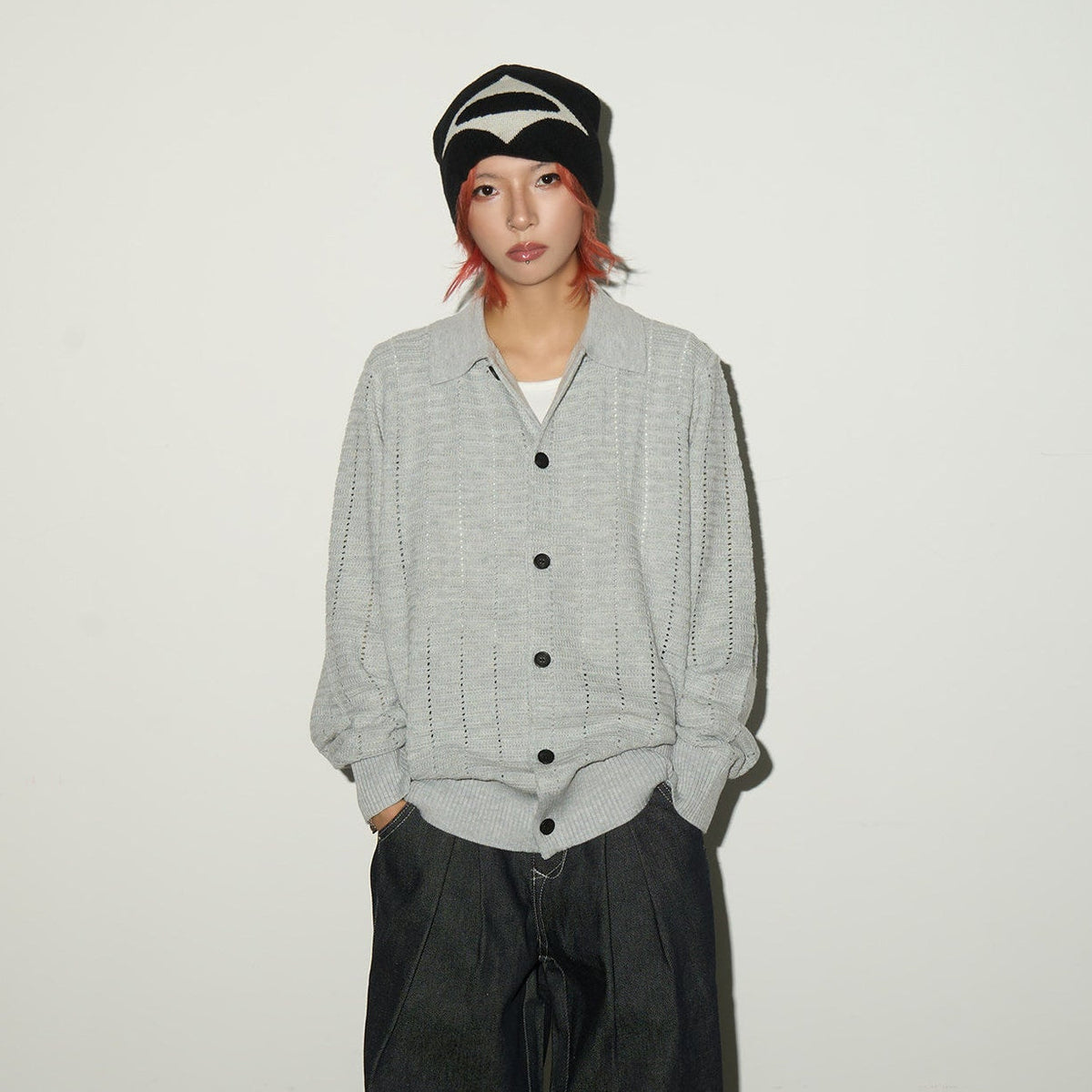 Hollow Textured Lapel Knit Cardigan