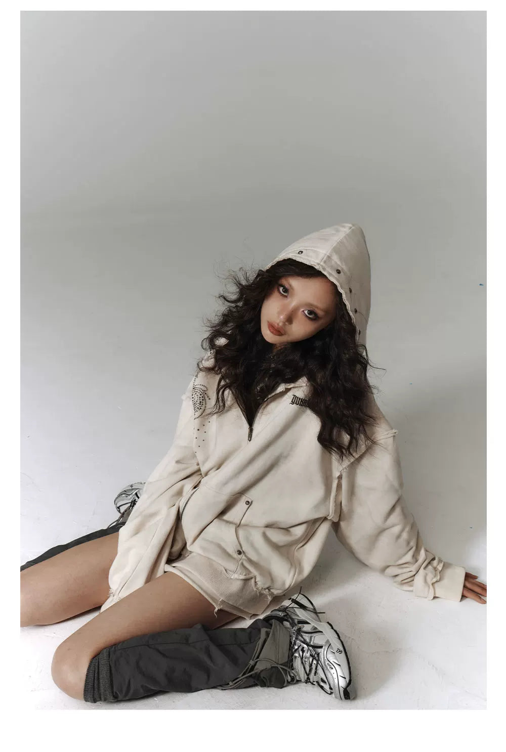 Washed Damage Oversize Zipper Hoodie & Short Skirt Setup