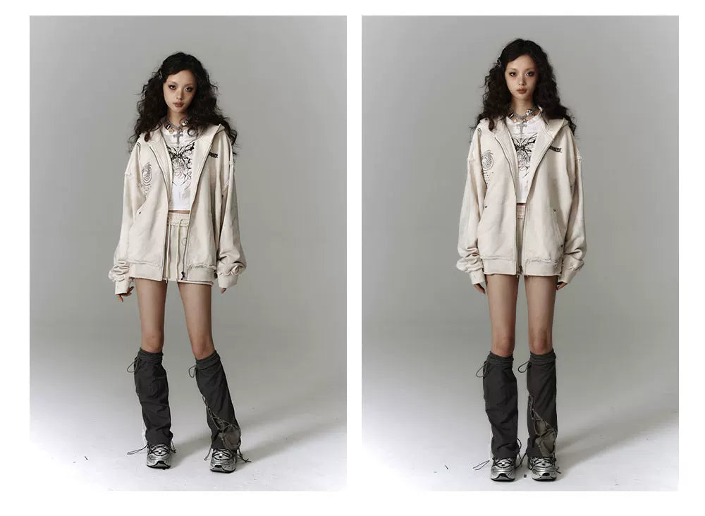 Washed Damage Oversize Zipper Hoodie & Short Skirt & Wide Leg Pants Setup