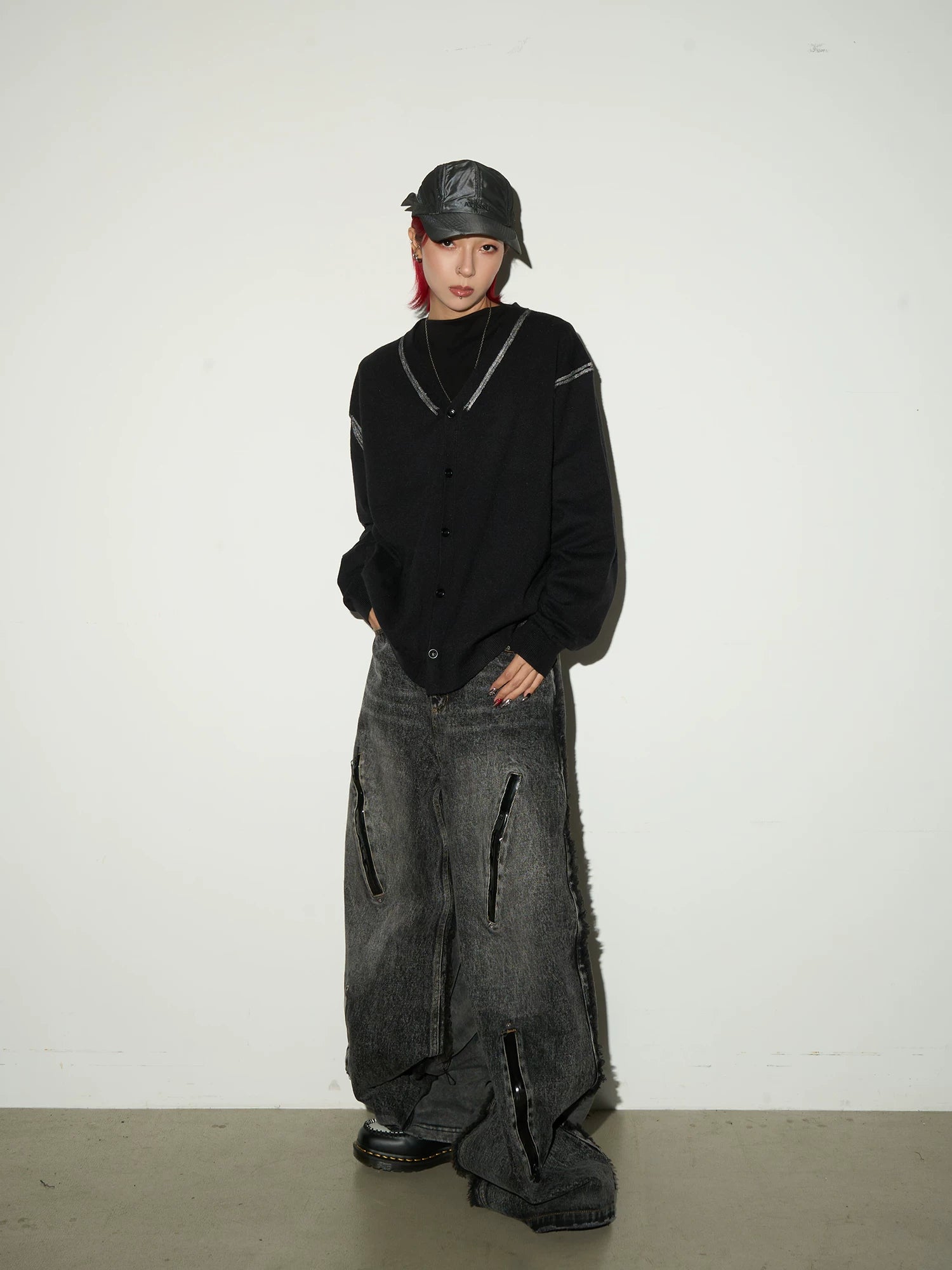 Washed Fray Zipper Detail Wide Leg Denim Jeans