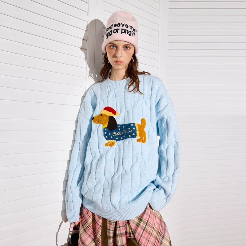Puppy Embroidered Crew Neck Sweater