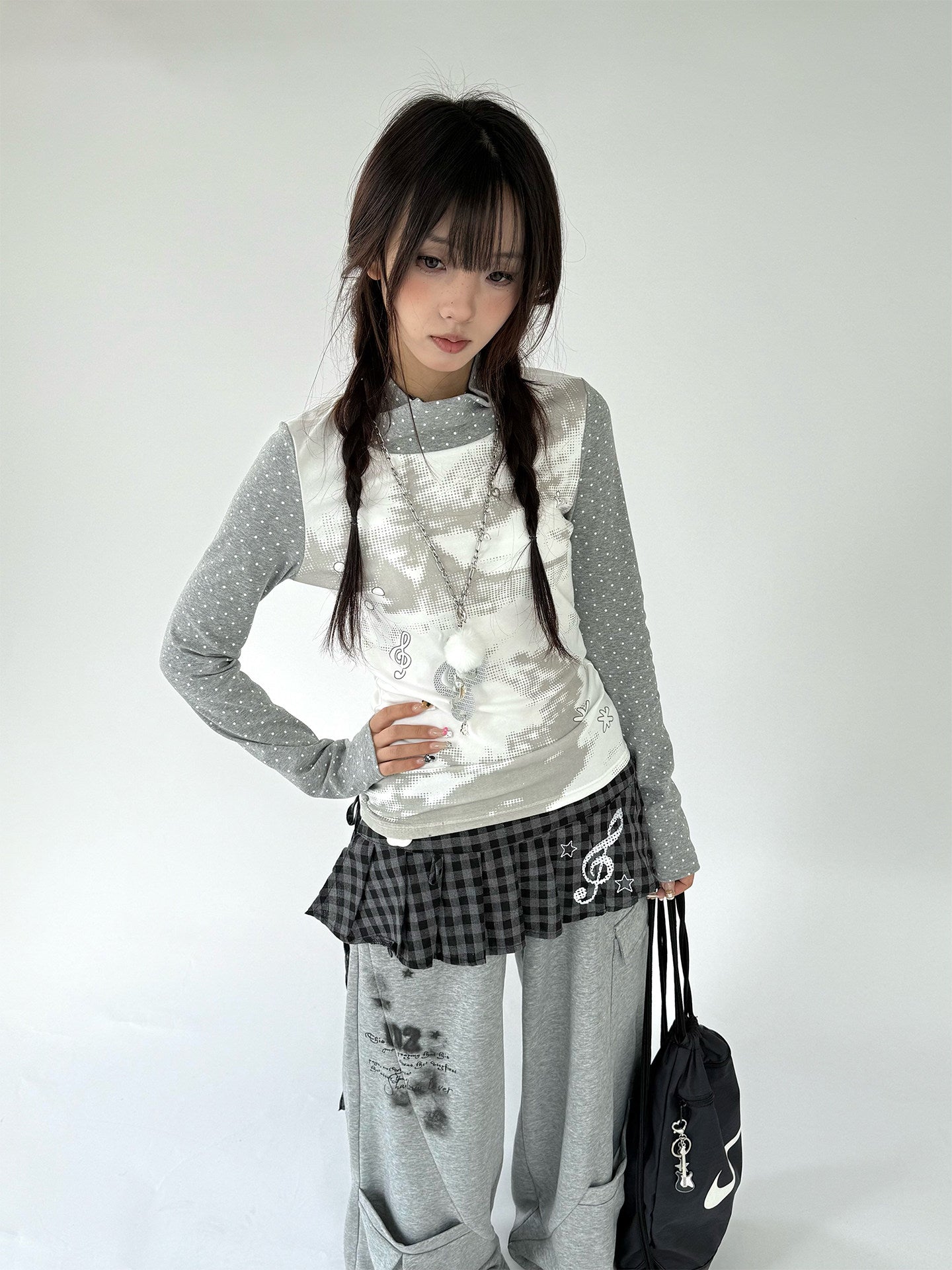 Polka Dot Print High-Neck Long Sleeve T-Shirt
