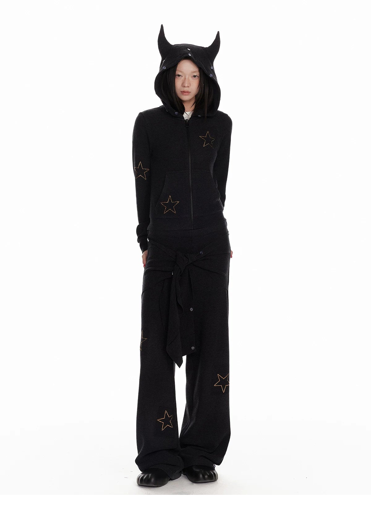 Horn Fur Collar Fuzzy Zipper Hoodie & Wide-Leg Pants Setup