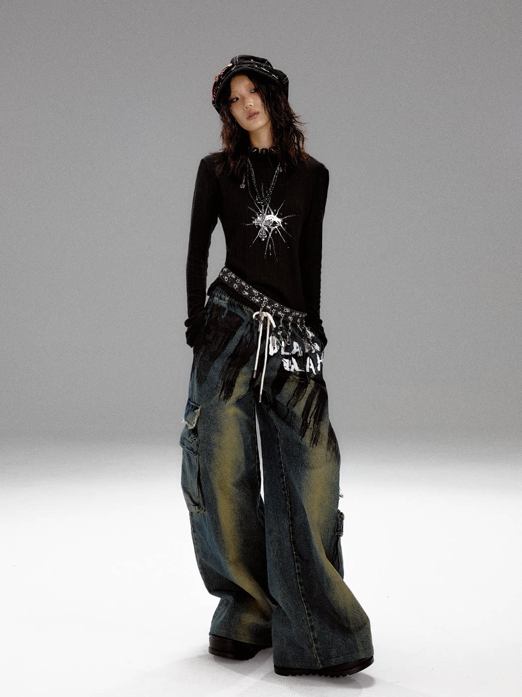 Washed Graffiti Wide-Leg Straight Dnim Jeans
