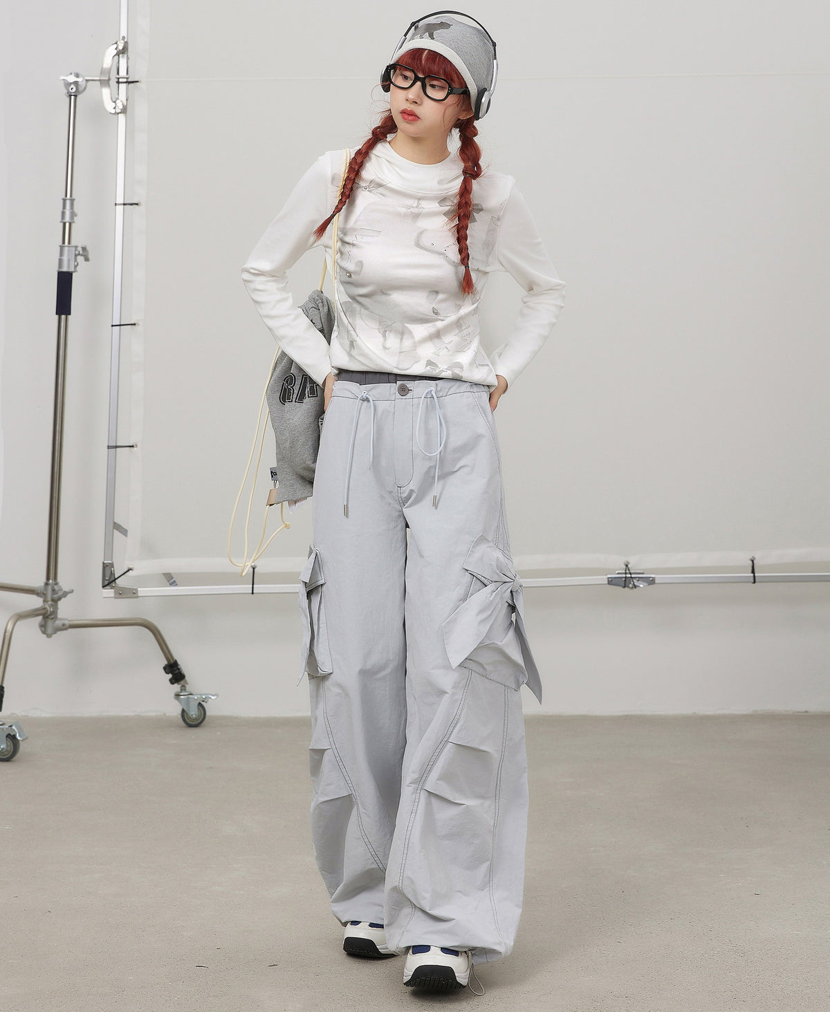 3D Bow Contrast Patch Pockets & Double Waistband Wide-Leg Pants
