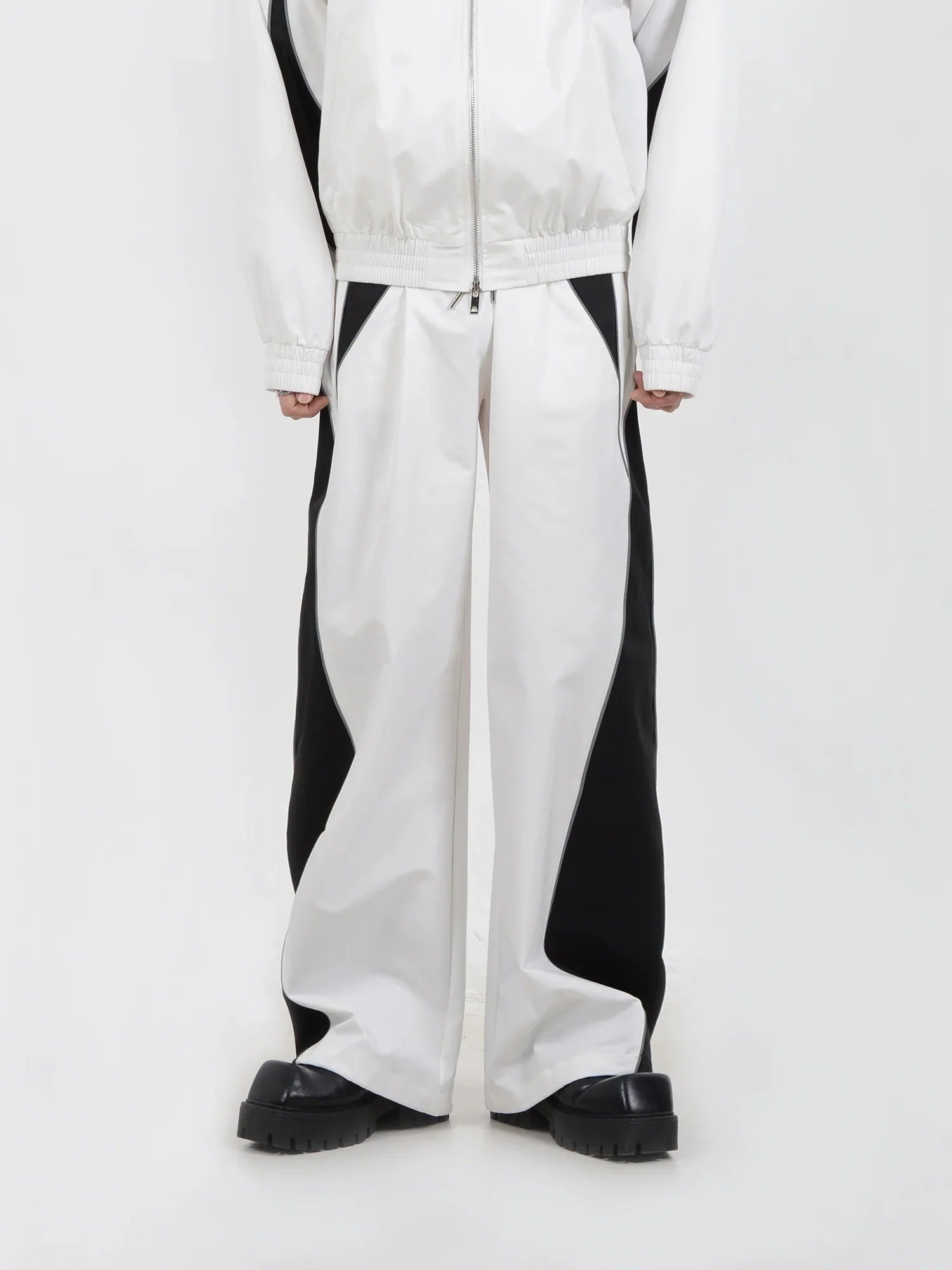 Contrast Color Sporty Jacket & Wide-leg Sporty Pants Setup